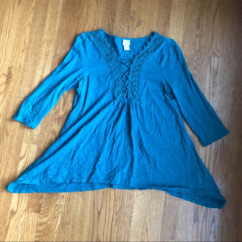 Chico’s teal 3/4 sleeve lace tie top size 0 EUC